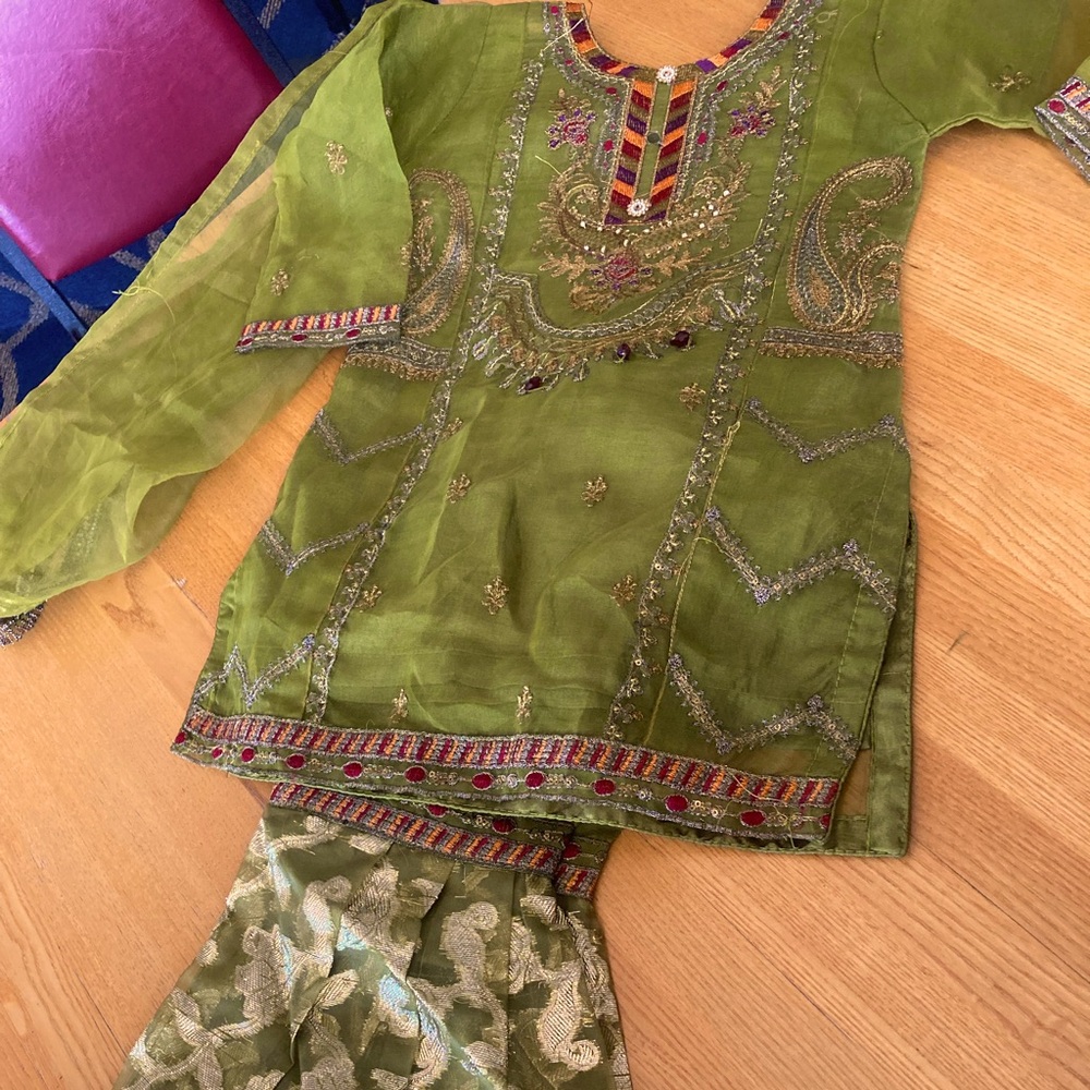 Girls Green Embroidered desi sharara